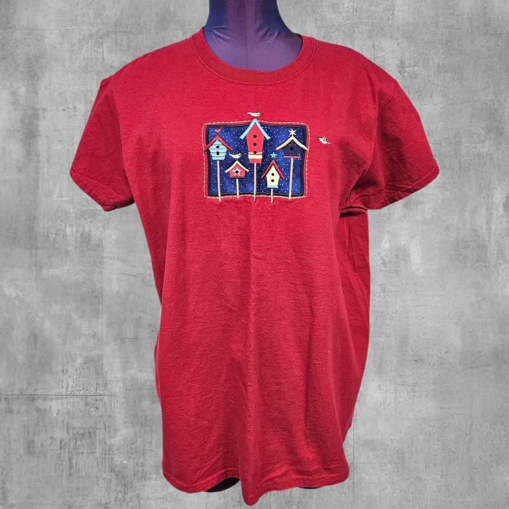 Vintage Top Stitch by Morning Sun Red Birdhouse Embroidered T-Shirt Womens XL